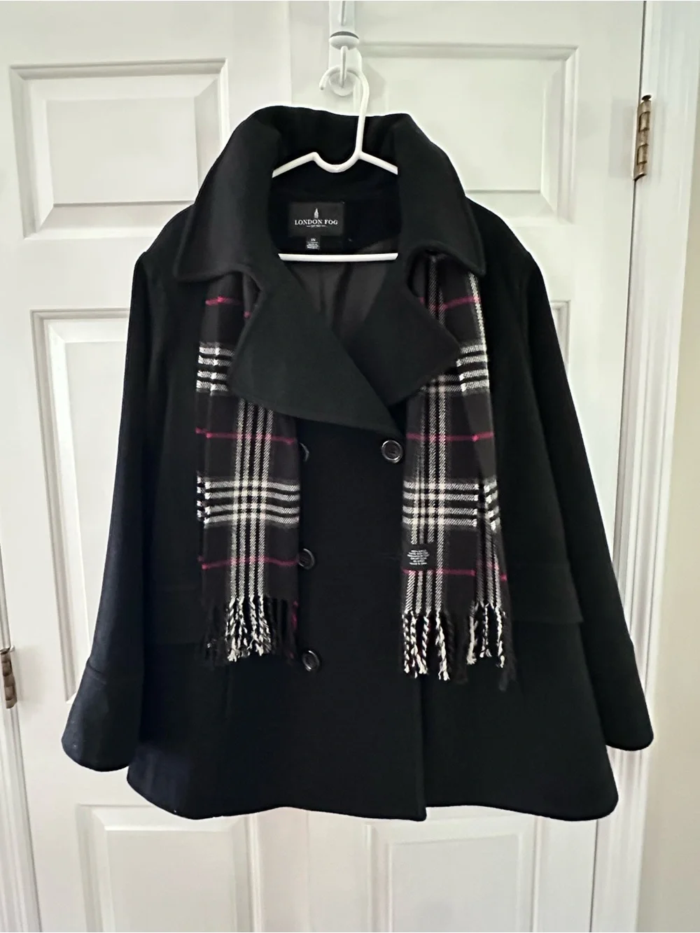 Women’s London Fog Black Coat with Plaid Accent Scarf 3X